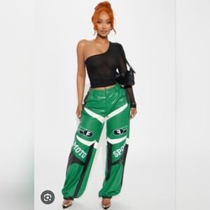 Fashion Nova Be A Sport Faux Leather Green & Black Moto Jogger Pants XLarge